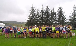 Sixty odd professional runners at the start the Ben Rinnes 5 Tops Hill Race at Dufftown, Moray, Scotland, UK.